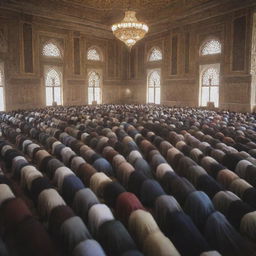 An inspirational scene of a large, diverse group of people praying together in a mosque, demonstrating unity and peace.