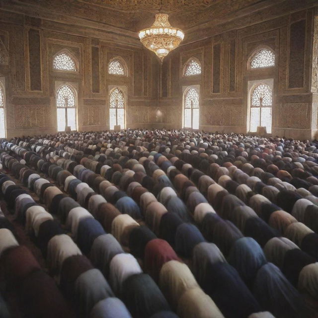 An inspirational scene of a large, diverse group of people praying together in a mosque, demonstrating unity and peace.