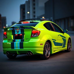 A sleek neon green 2005 Dodge Neon SRT-4 featuring eye-catching teal stripes, displayed in a captivating rear view