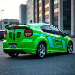 A sleek neon green 2005 Dodge Neon SRT-4 featuring eye-catching teal stripes, displayed in a captivating rear view