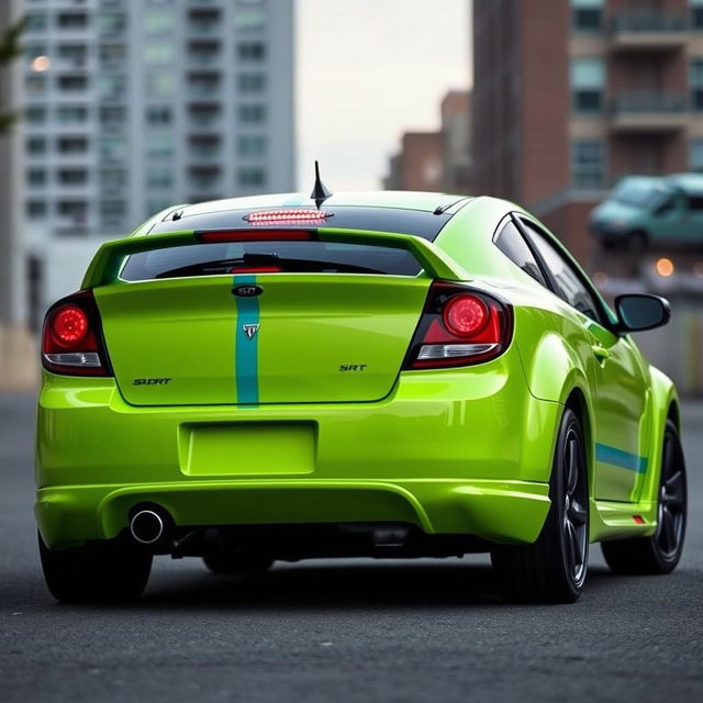 A sleek neon green 2005 Dodge Neon SRT-4 featuring eye-catching teal stripes, displayed in a captivating rear view