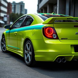 A sleek neon green 2005 Dodge Neon SRT-4 featuring eye-catching teal stripes, displayed in a captivating rear view