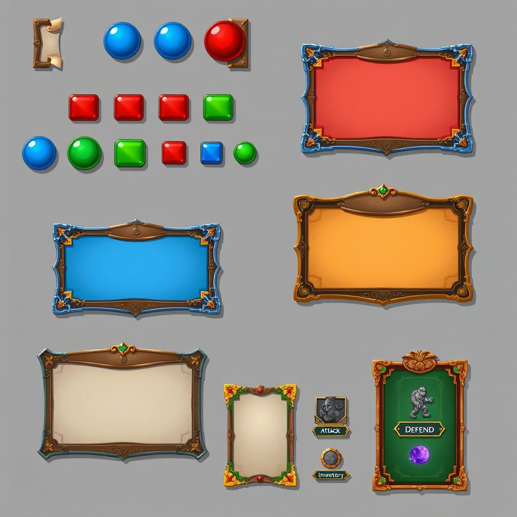 A comprehensive 2D graphical user interface spritesheet for a board game, featuring a collection of colorful buttons, varying sizes of windows, and panels designed for displaying game information