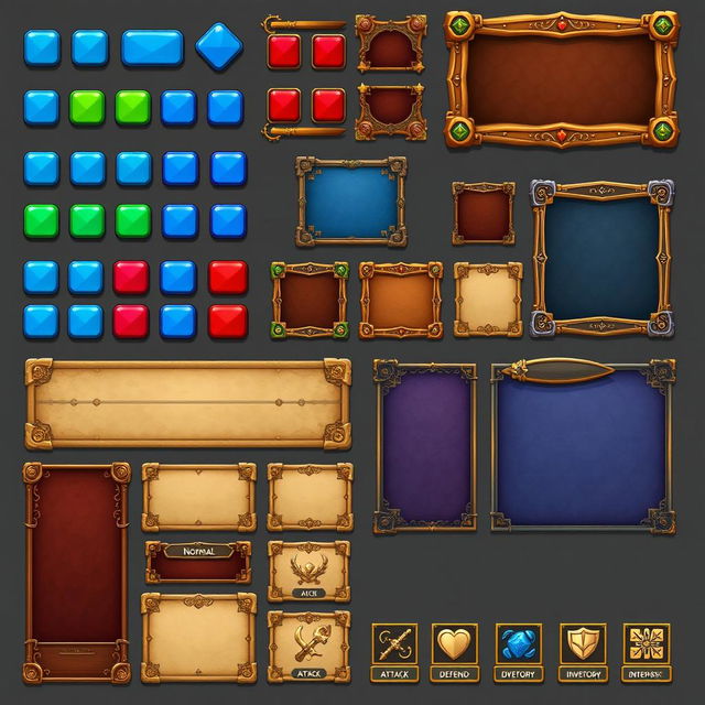 A comprehensive 2D graphical user interface spritesheet for a board game, featuring a collection of colorful buttons, varying sizes of windows, and panels designed for displaying game information