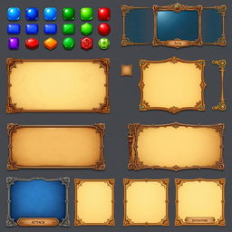 A comprehensive 2D graphical user interface spritesheet for a board game, featuring a collection of colorful buttons, varying sizes of windows, and panels designed for displaying game information