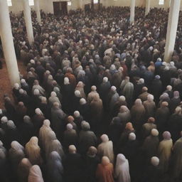 An inspirational scene of a large, diverse group of people praying together in a mosque, demonstrating unity and peace.