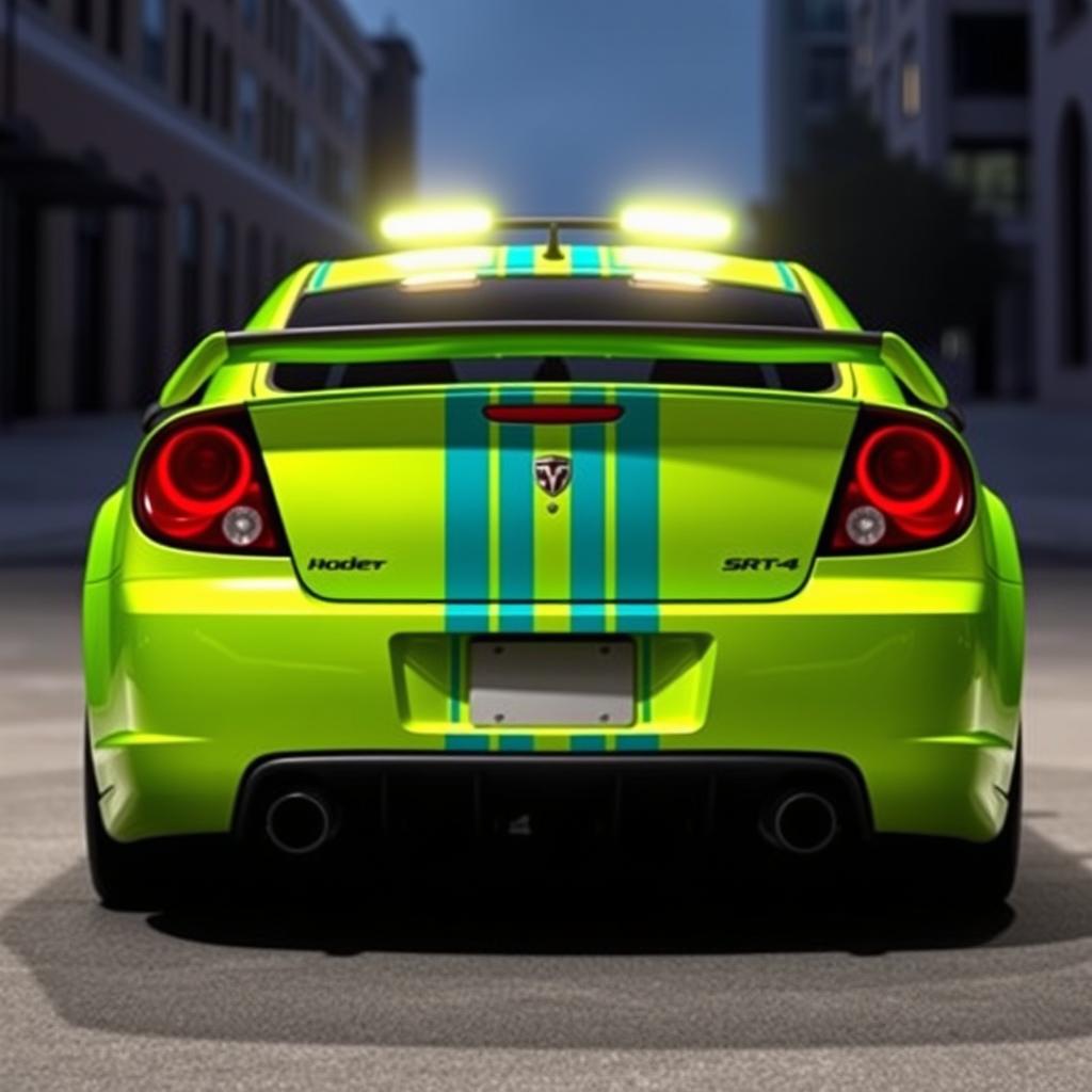 A sleek neon green 2005 Dodge Neon SRT-4 with vibrant teal stripes, displayed in a striking rear view