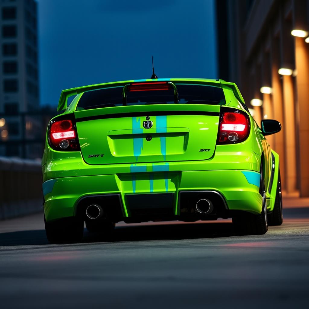 A sleek neon green 2005 Dodge Neon SRT-4 with vibrant teal stripes, displayed in a striking rear view