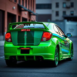 A sleek neon green 2005 Dodge Neon SRT-4 with vibrant teal stripes, displayed in a striking rear view