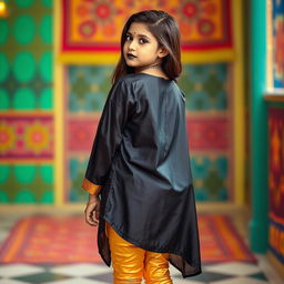 A stylish young Indian girl wearing form-fitting golden leggings and a flowing silk black kurta