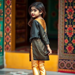 A stylish young Indian girl wearing form-fitting golden leggings and a flowing silk black kurta