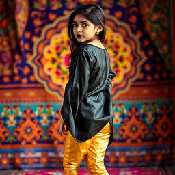 A stylish young Indian girl wearing form-fitting golden leggings and a flowing silk black kurta