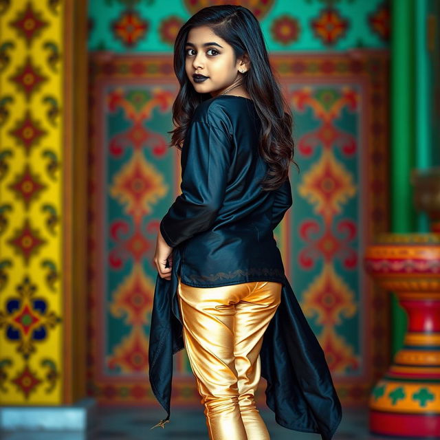 A stylish young Indian girl wearing form-fitting golden leggings and a flowing silk black kurta