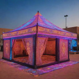 An Arabian tent decorated with neon lights, digital billboards displaying traditional patterns, and holographic camels for a founding day celebration in a high-tech environment.