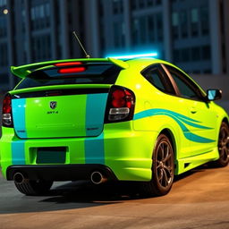 A sleek neon green 2005 Dodge Neon SRT-4 with vivid teal stripes, showcased in a dynamic rear and side view