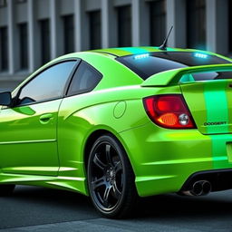 A sleek neon green 2005 Dodge Neon SRT-4 with vivid teal stripes, showcased in a dynamic rear and side view