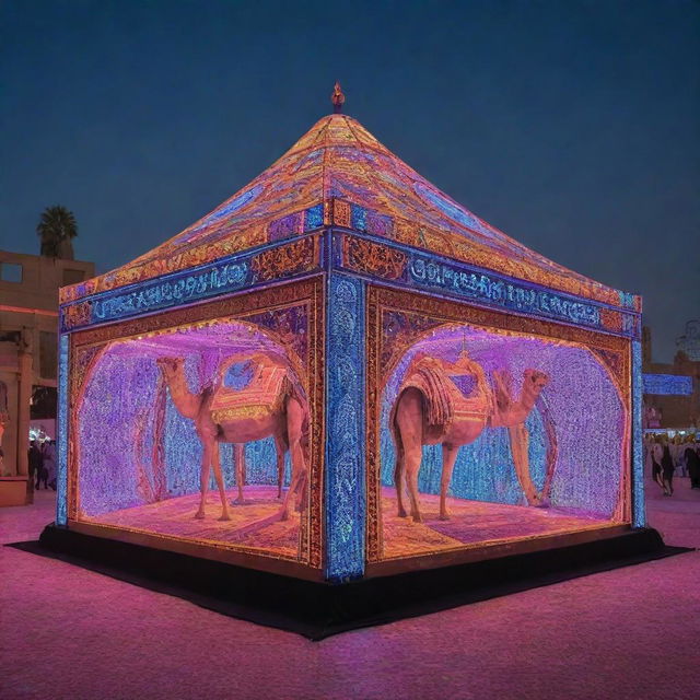 An Arabian tent decorated with neon lights, digital billboards displaying traditional patterns, and holographic camels for a founding day celebration in a high-tech environment.