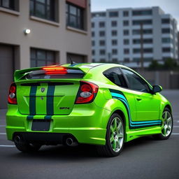 A sleek neon green 2005 Dodge Neon SRT-4 with vivid teal stripes, showcased in a dynamic rear and side view