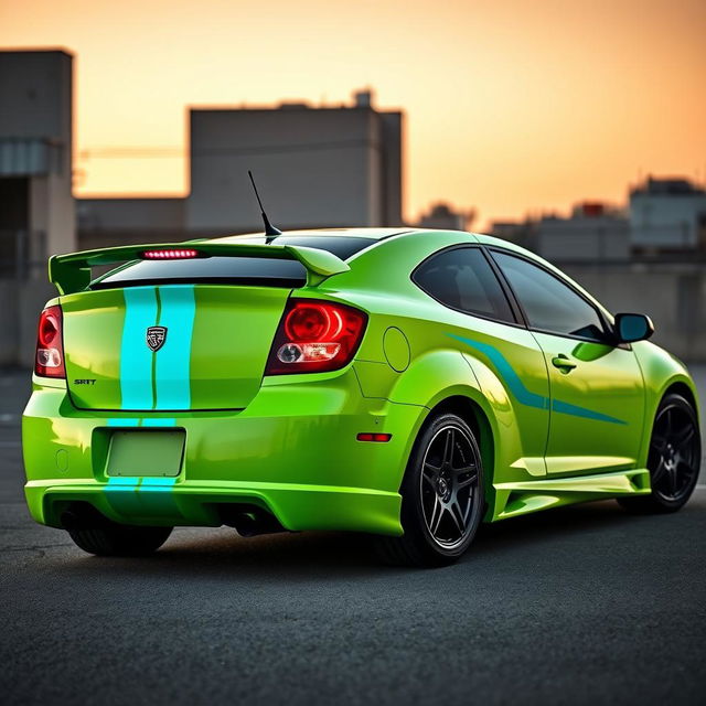 A sleek neon green 2005 Dodge Neon SRT-4 with vivid teal stripes, showcased in a dynamic rear and side view