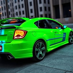 A sleek neon green 2005 Dodge Neon SRT-4 with vibrant teal stripes, captured in a dynamic rear and side view