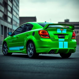 A sleek neon green 2005 Dodge Neon SRT-4 with vibrant teal stripes, captured in a dynamic rear and side view