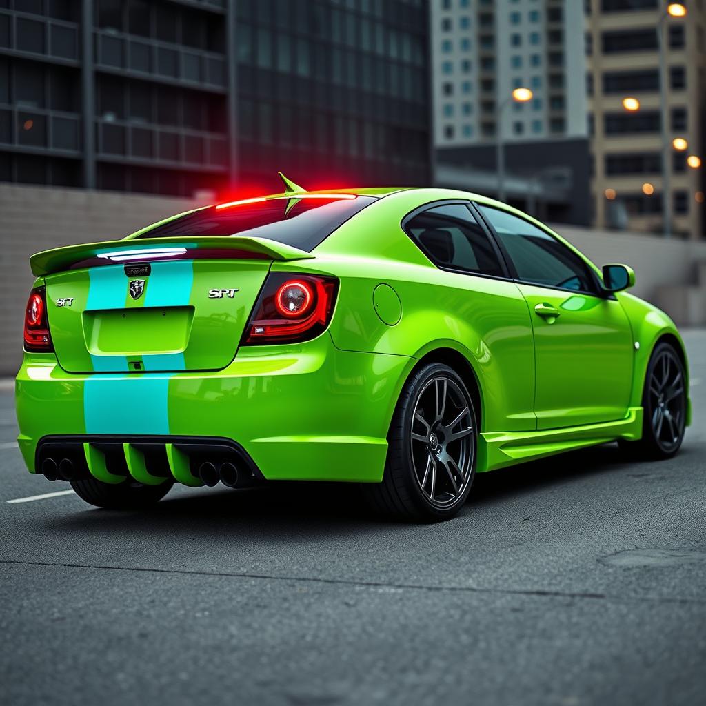 A sleek neon green 2005 Dodge Neon SRT-4 with vibrant teal stripes, captured in a dynamic rear and side view