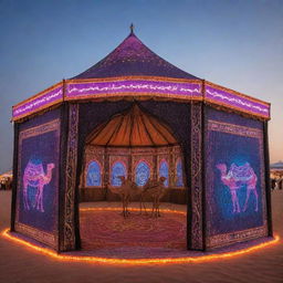 An Arabian tent decorated with neon lights, digital billboards displaying traditional patterns, and holographic camels for a founding day celebration in a high-tech environment.