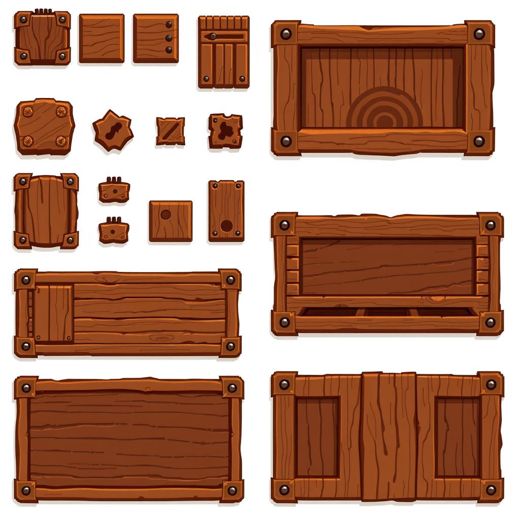 A pixel art 2D graphical user interface spritesheet for a board game, featuring a collection of buttons, windows, and panels designed with warm brown tones and a wood-like texture