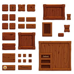 A pixel art 2D graphical user interface spritesheet for a board game, featuring a collection of buttons, windows, and panels designed with warm brown tones and a wood-like texture