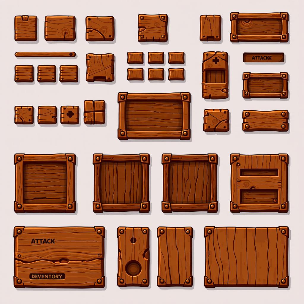 A pixel art 2D graphical user interface spritesheet for a board game, featuring a collection of buttons, windows, and panels designed with warm brown tones and a wood-like texture