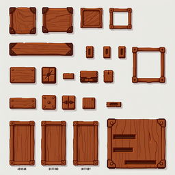 A pixel art 2D graphical user interface spritesheet for a board game, featuring a collection of buttons, windows, and panels designed with warm brown tones and a wood-like texture