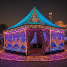 An Arabian tent decorated with neon lights, digital billboards displaying traditional patterns, and holographic camels for a founding day celebration in a high-tech environment.