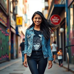 A stylish Indian teenage girl, around 14 years old, confidently walking in a vibrant urban setting