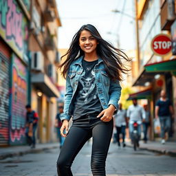 A stylish Indian teenage girl, around 14 years old, confidently walking in a vibrant urban setting