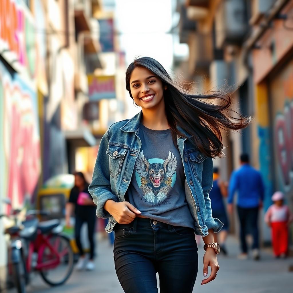 A stylish Indian teenage girl, around 14 years old, confidently walking in a vibrant urban setting