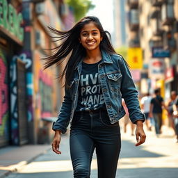 A stylish Indian teenage girl, around 14 years old, confidently walking in a vibrant urban setting