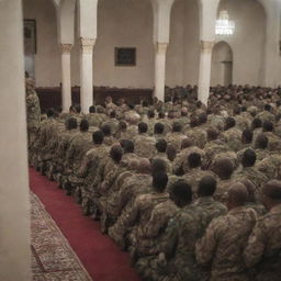 A sudden appearance of soldiers in uniform, respectfully watching the group of people praying together in the mosque.