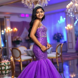 A stunning Indian teenage girl, approximately 14 years old, gracefully posing in a glamorous purple long glitter mermaid prom dress