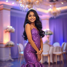 A stunning Indian teenage girl, approximately 14 years old, gracefully posing in a glamorous purple long glitter mermaid prom dress