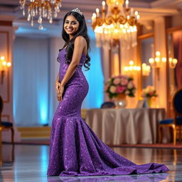 A stunning Indian teenage girl, approximately 14 years old, gracefully posing in a glamorous purple long glitter mermaid prom dress