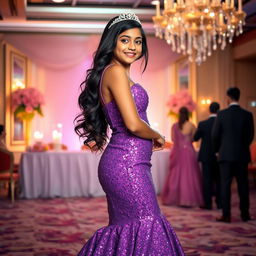 A stunning Indian teenage girl, approximately 14 years old, gracefully posing in a glamorous purple long glitter mermaid prom dress