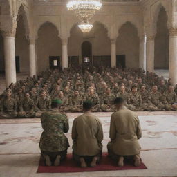 A sudden appearance of soldiers in uniform, respectfully watching the group of people praying together in the mosque.