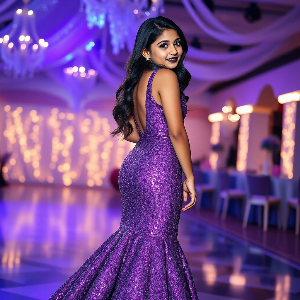 A beautiful Indian teenage girl, approximately 14 years old, posing elegantly in a dazzling purple long glitter mermaid prom dress