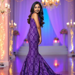 A beautiful Indian teenage girl, approximately 14 years old, posing elegantly in a dazzling purple long glitter mermaid prom dress