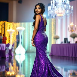 A beautiful Indian teenage girl, approximately 14 years old, posing elegantly in a dazzling purple long glitter mermaid prom dress