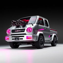 A sleek, silver 1997 Subaru Sambar kei truck adorned with vibrant neon pink highlights, presented in a dynamic angle to emphasize its unique features