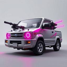 A sleek, silver 1997 Subaru Sambar kei truck adorned with vibrant neon pink highlights, presented in a dynamic angle to emphasize its unique features