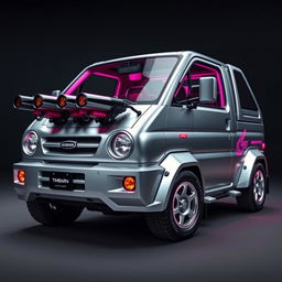 A sleek, silver 1997 Subaru Sambar kei truck adorned with vibrant neon pink highlights, presented in a dynamic angle to emphasize its unique features