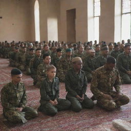 A sudden appearance of soldiers in uniform, respectfully watching the group of people praying together in the mosque.