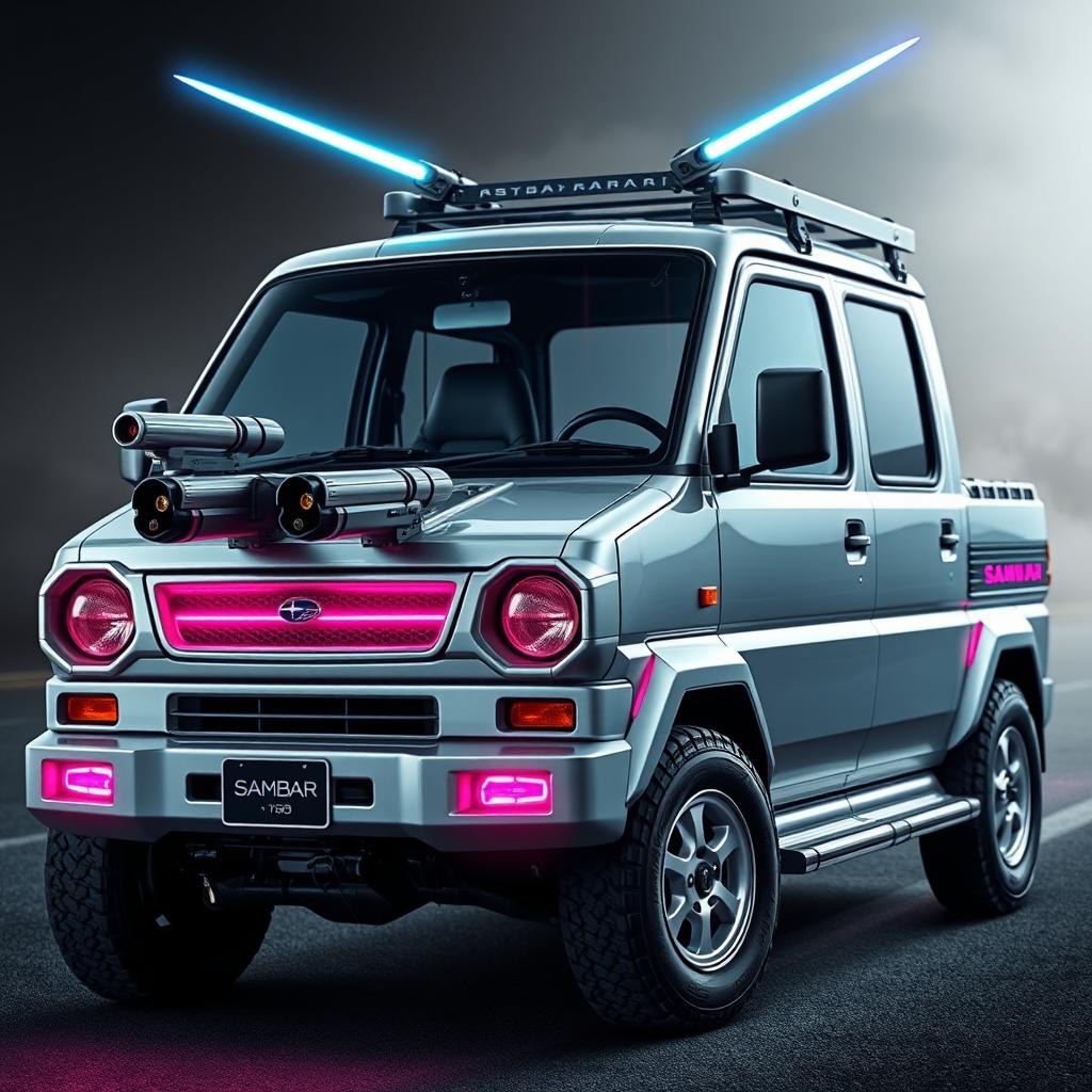 A sleek, silver 1997 Subaru Sambar kei truck featuring vibrant neon pink highlights, depicted in an action-ready stance